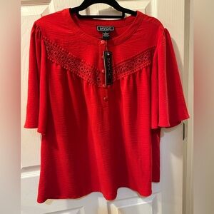NYCC NY Clothing Co. 1X Women's Red Top w/Lace Detail & Butterfly Sleeves. NWT